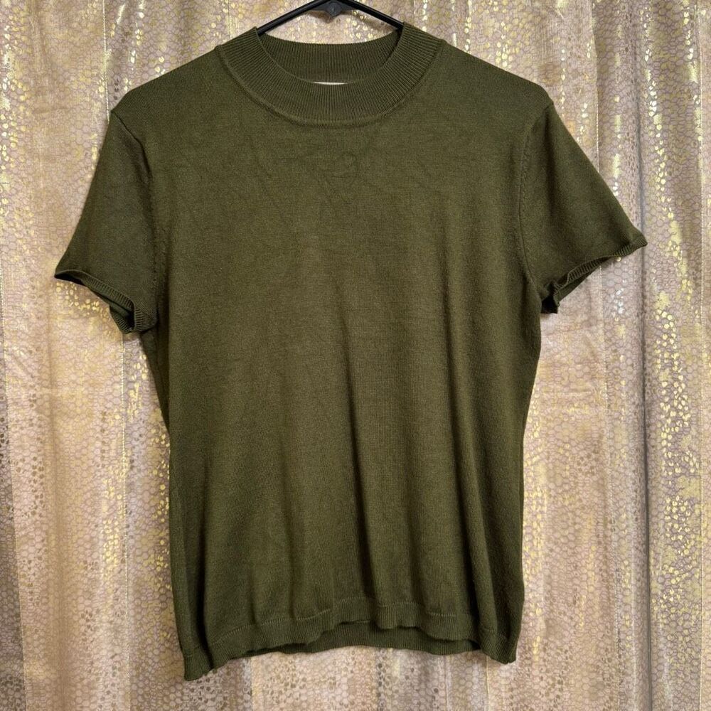 Philosophy Dark Army Green Lightweight Fitted Short Sleeve Sweater Top Large